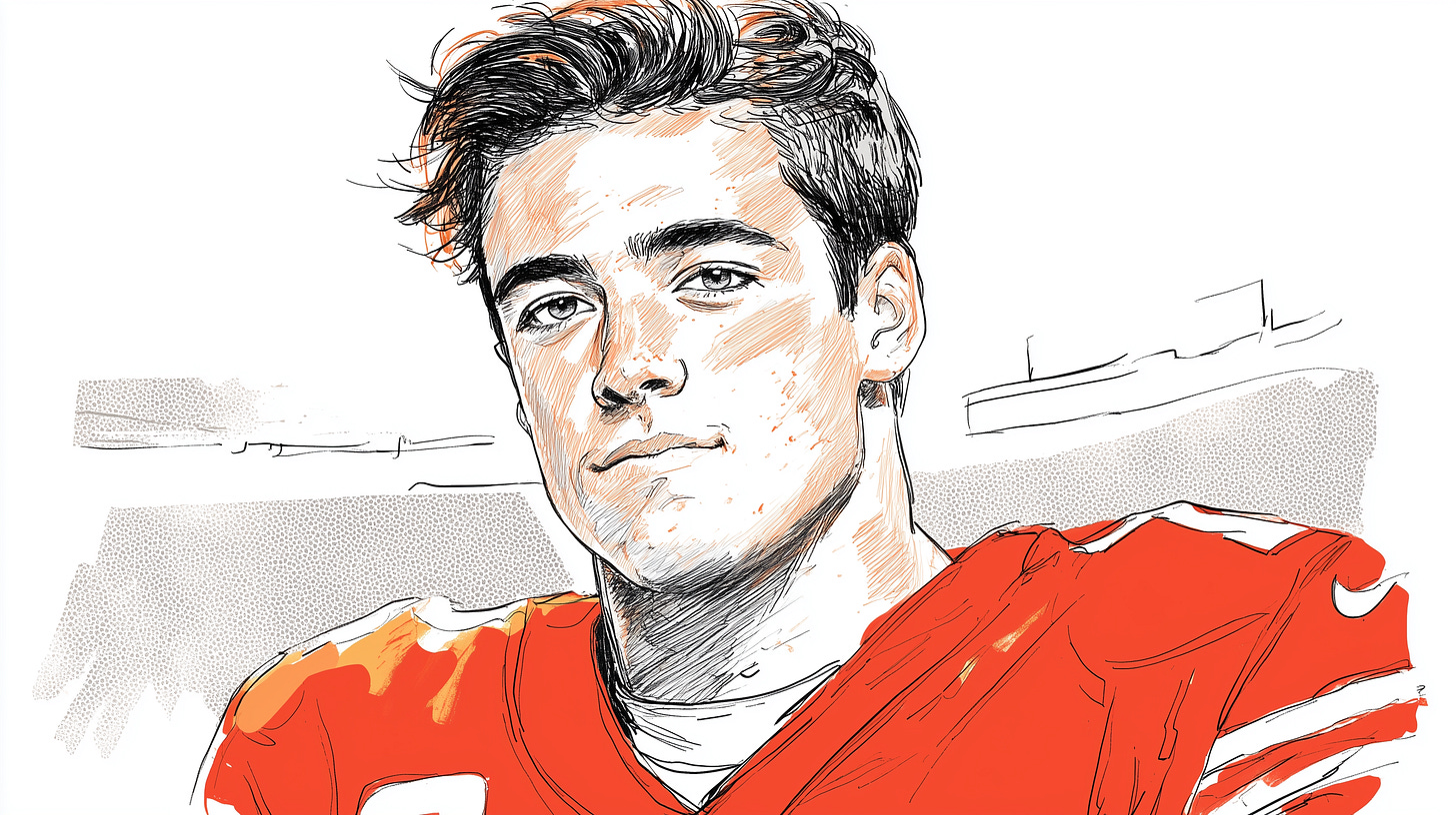 Editorial courtroom sketch illustration of San Francisco 49ers quarterback Brock Purdy, the 262nd pick who became a franchise quarterback, shown in team colors with a calm, composed expression that contrasts with his underdog draft position Editorial courtroom sketch illustration of San Francisco 49ers quarterback Brock Purdy, the 262nd pick who became a franchise quarterback, shown in team colors with a calm, composed expression that contrasts with his underdog draft position
