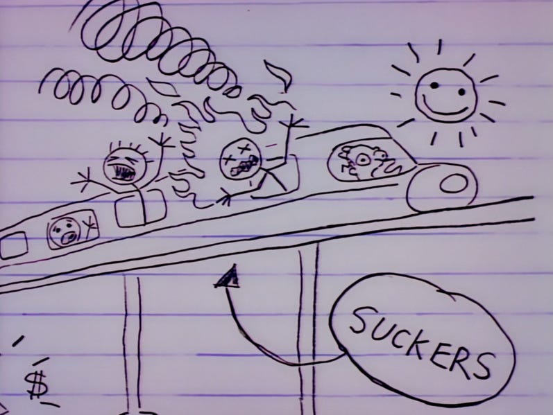 Drawing of a monorail on fire with the word "suckers" circled and pointing to the passengers. Courtesy of Simpsonswiki.
