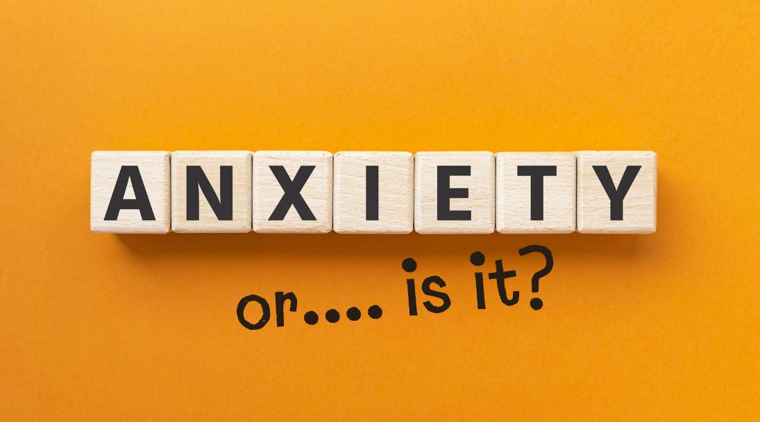 Scrabble tiles spelling "anxiety" on an orange background, with handwritten text overlaid reading "or.... is it?" Scrabble tiles spelling "anxiety" on an orange background, with handwritten text overlaid reading "or.... is it?"