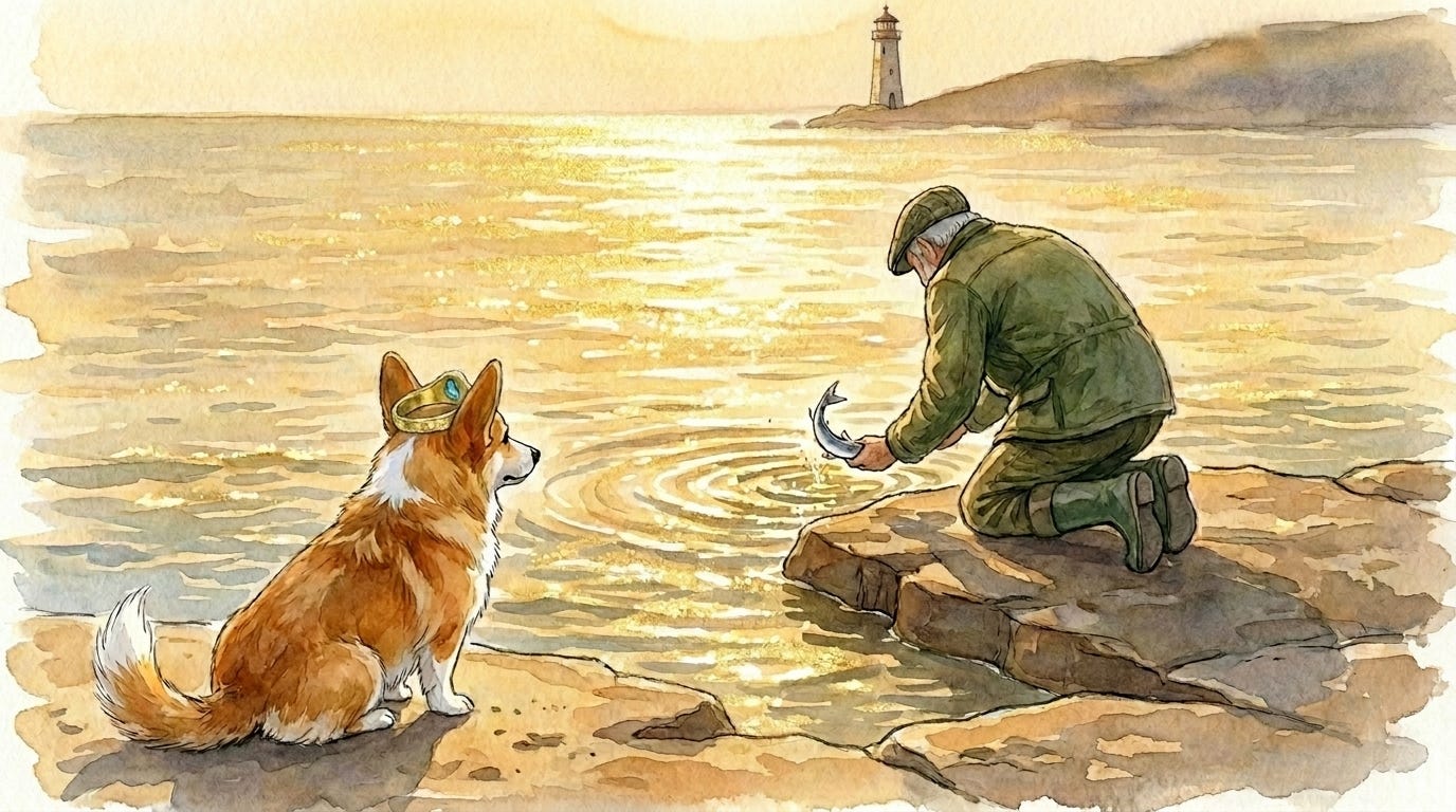 The old fisherman releases a small fish back into the Spanish sea in a cozy bedtime story scene.