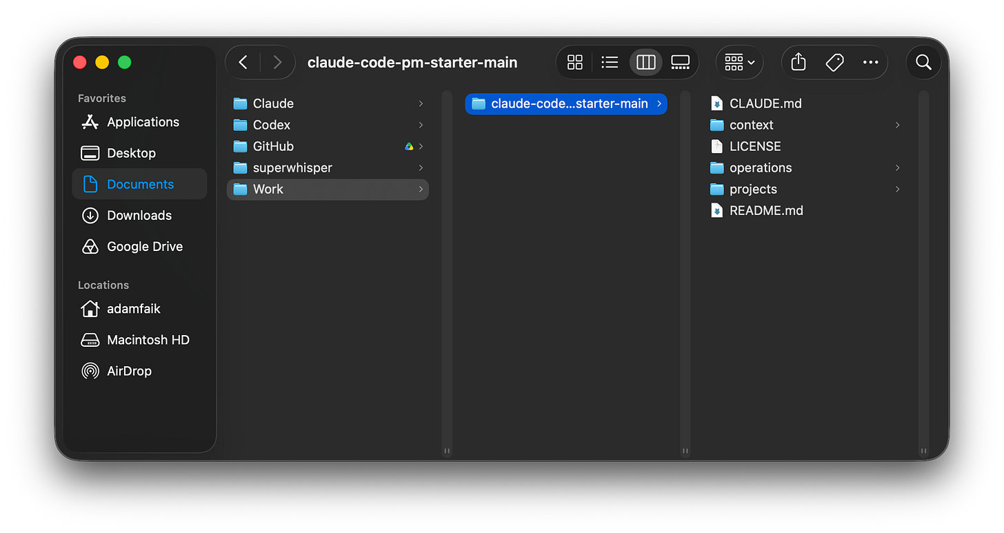 A macOS Finder window showing the unzipped claude-code-pm-starter-main folder inside Documents, in a Work folder. The next column lists its contents: CLAUDE.md, context, LICENSE, operations, projects, and README.md. A macOS Finder window showing the unzipped claude-code-pm-starter-main folder inside Documents, in a Work folder. The next column lists its contents: CLAUDE.md, context, LICENSE, operations, projects, and README.md.