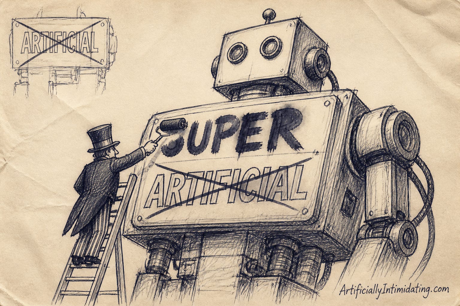 A hand-drawn illustration of a top-hatted official painting SUPER over a crossed-out ARTIFICIAL sign on the chest of a giant robot.