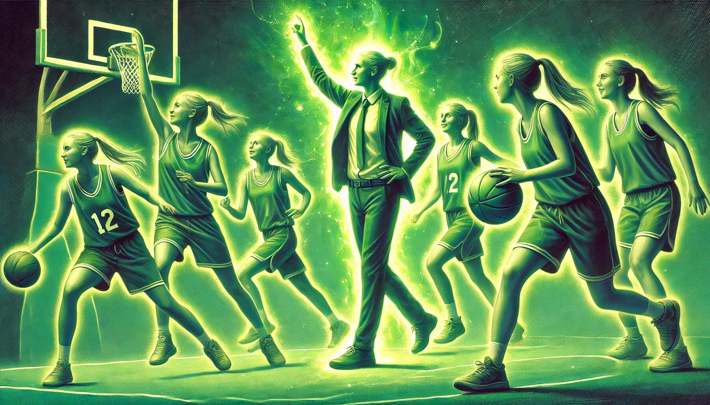 An oil painting in green tones depicting a women's basketball game where the coach is actively playing alongside the players. The coach stands out with a unique glowing light, symbolizing leadership, guidance, and inspiration. The scene captures energy, teamwork, and joy, as all players, including the coach, are fully engaged and happy. The composition is wide and optimized for a professional banner format.