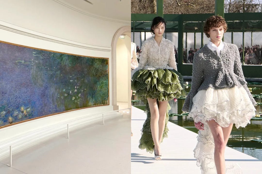 Left, Monet’s water lily murals curving around a white oval room at the Musée de l’Orangerie. Right, two models in sculpted ruffled skirts on the Dior Fall 2026 runway beside a pond