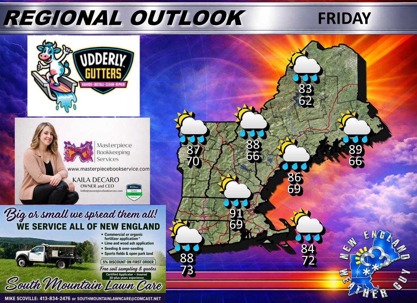 May be an image of video games and text that says 'REGIONAL OUTLOOK FRIDAY UDDERLY GUTTERS SUAROS INSTALI- REPAIN 83 62 Masterpiece Bookkeeping Services 87 70 www.masterpiecebookservice.com com KAILA DECARO OWNER CEO hhiệrnhmpinctonkvente.com 88 66 89 66 Big or small we spread them all! WE SERVICE ALL OF NEW ENGLAND Commercial organic application 86 69 wood 91 69 fields& DISCOUNT ONFIRST ORDER Free soilsa sampling quotes South Mountain 10.chuars.czperene eaperenc Lawn Care MIKE SCOVILLE 413-834-2476 SOUTHMOUNTANLAWNCAREFCOMCAS.NET 88 73 84 72 NELAI'