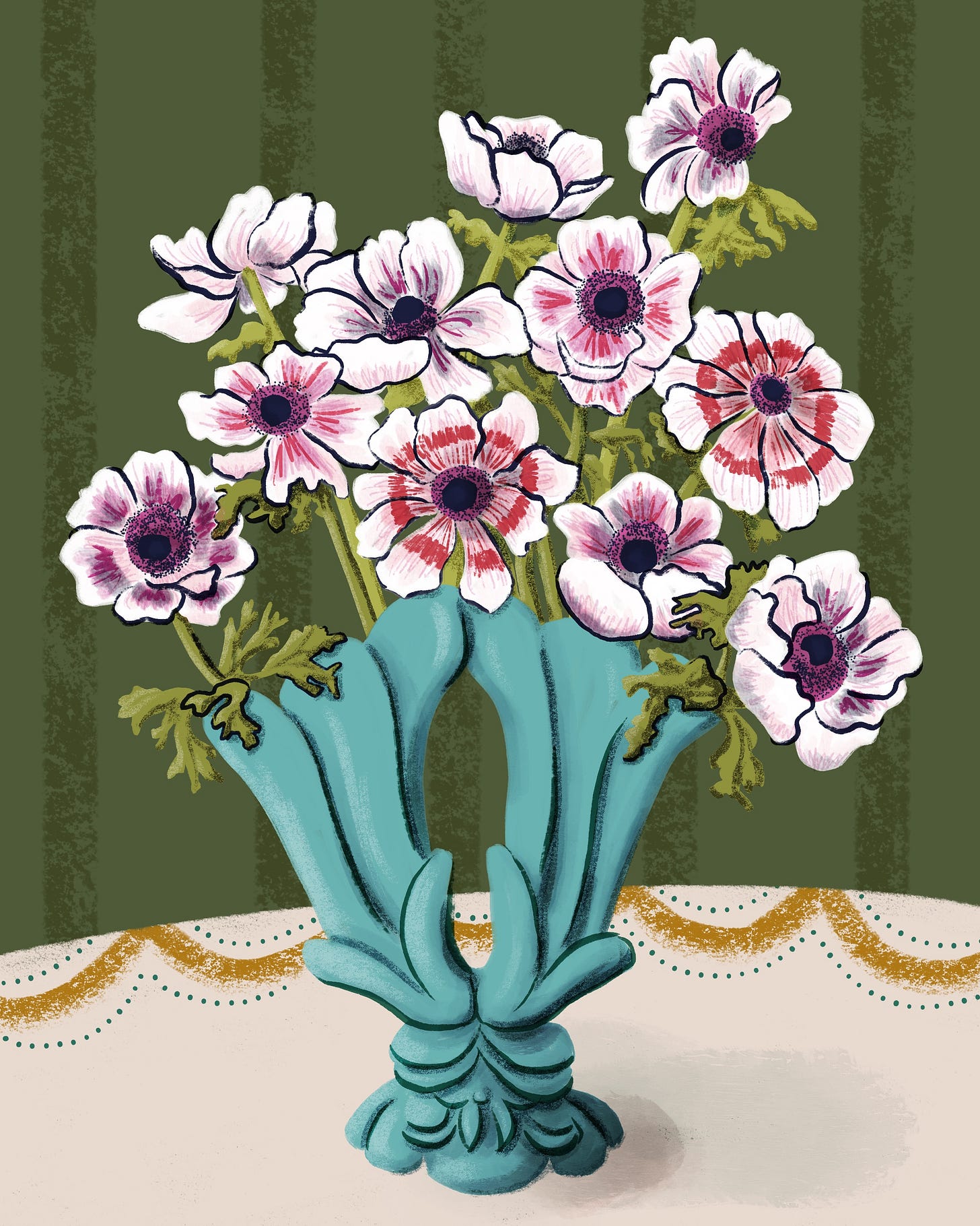 digital painting of pink and purple anemone flowers in an aqua blue double vase on a table against a dark green wall