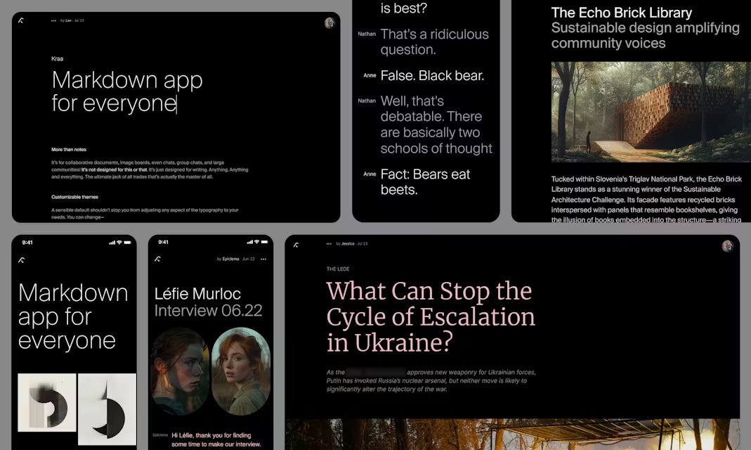Six example pages created with Kraa showing various layouts including a markdown app welcome page, a debate-style discussion, a sustainable architecture portfolio, an interview layout, and a news article