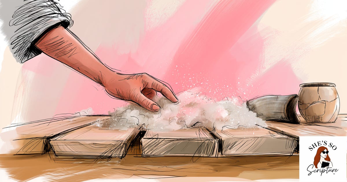 Whimsical ink and watercolor illustration in blush pink and cream tones of a weathered hand laying a tuft of raw wool fleece on rough wooden threshing floor planks, dew glistening on the wool, with a worn ram's horn trumpet and a cracked clay jar resting nearby. Whimsical ink and watercolor illustration in blush pink and cream tones of a weathered hand laying a tuft of raw wool fleece on rough wooden threshing floor planks, dew glistening on the wool, with a worn ram's horn trumpet and a cracked clay jar resting nearby.