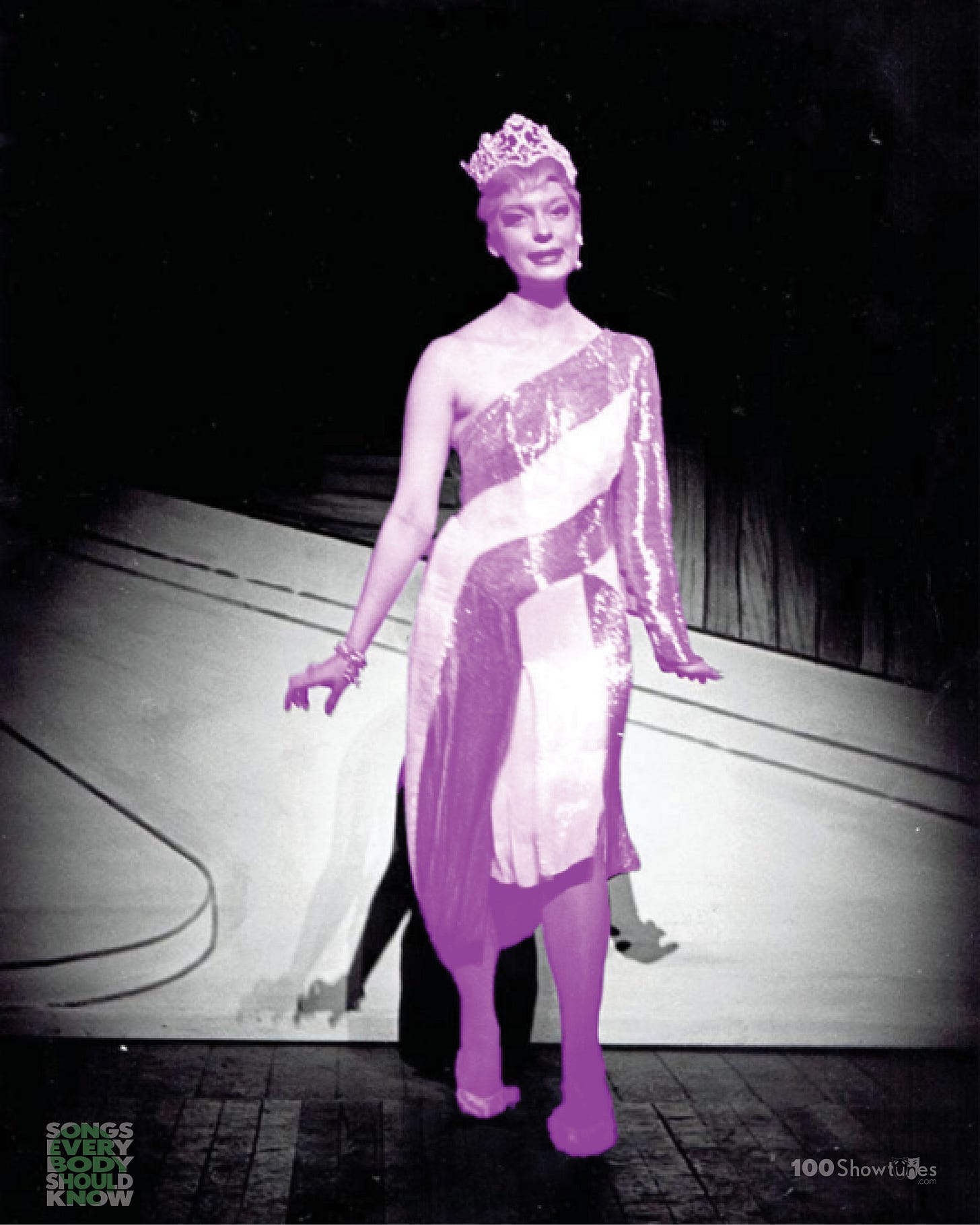 A tinted photo of a Carol Channing from the original Broadway production of Gentlemen Prefer Blondes by Jule Styne, Leo Robin, Joseph Fields, and Anita Loos.