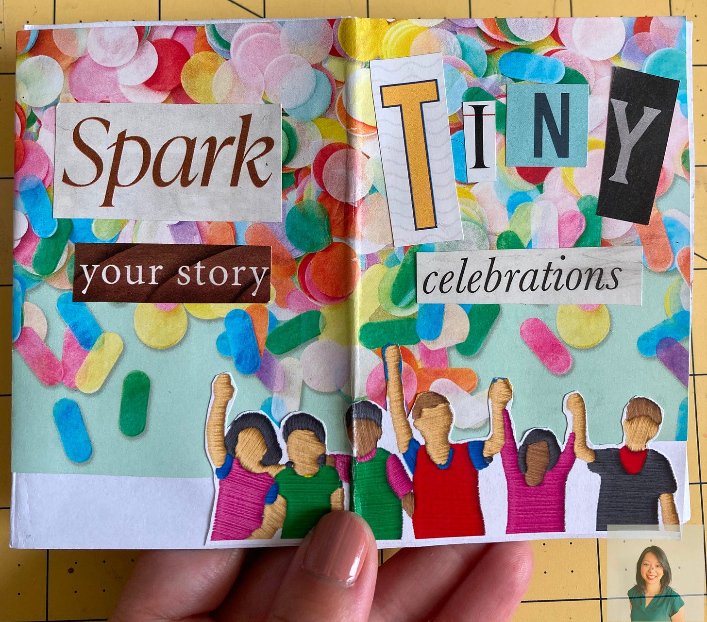 collaged mini-zine spread with magazine cut-outs of confetti background with embroidered people holding hands and cheering collaged mini-zine spread with magazine cut-outs of confetti background with embroidered people holding hands and cheering