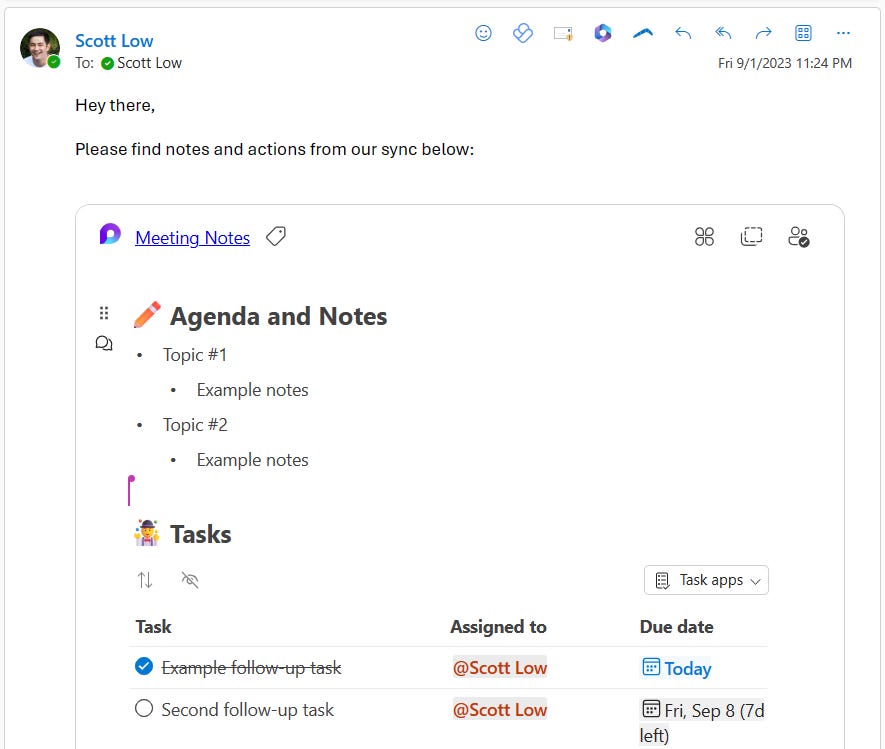 An image of a Loop Component containing meeting notes embedded in an email in Outlook on the Web.