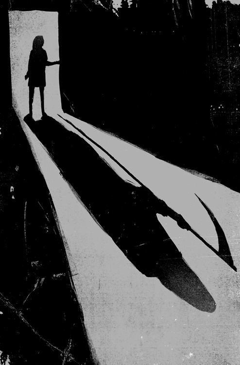 This may contain: a black and white image of a person standing in front of a shadow