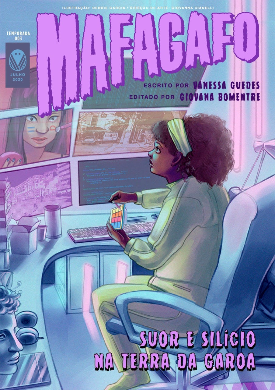 A ilustração no centro da capa mostra uma personagem negra, de cabelos morenos e cacheado preso por uma faixa verde, sentada em uma cadeira diante de uma mesa cheia de telas. Ela veste um macacão verde claro, e está séria olhando uma das telas, onde uma mulher de feições indígenas está pintando o rosto. A personagem central tem uma paleta de maquiagem na mão As outras telas mostram telas pretas com códigos e algumas imagens do que parece ser a cidade de São Paulo. Ao lado das telas, há várias caixinhas de delivery de comida chinesa empilhadas. O título “Suor e silício na Terra da Garoa” vem abaixo, à direita, em lilás claro. Do lado esquerdo, em cima, há o logo da Mafagafo com a informação “Temporada 003 - Julho de 2020”. À direita, logo abaixo da logo da Mafagafo, que é do mesmo tom de lilás do título, vêm as informações “Escrito por Vanessa Guedes” e “editado por Giovana Bomentre” em roxo escuro. Acima do título da Mafagafo, há as informações “Ilustração: Debbie Garcia” e “Direção de Arte: Giovanna Cianelli”