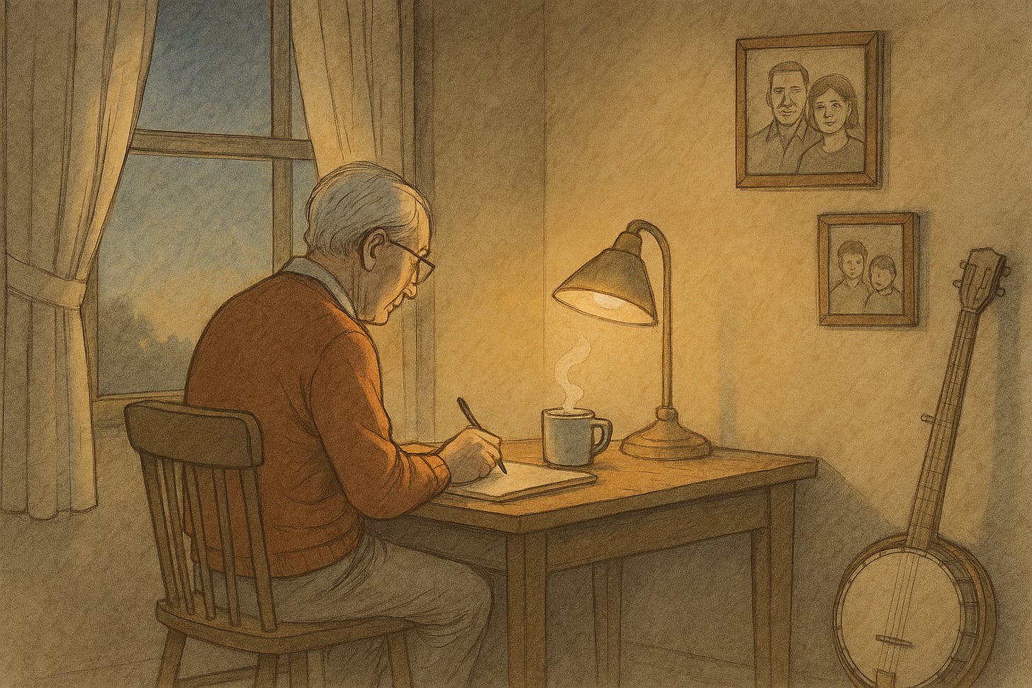A Retired person at his desk, early morning, writing.
