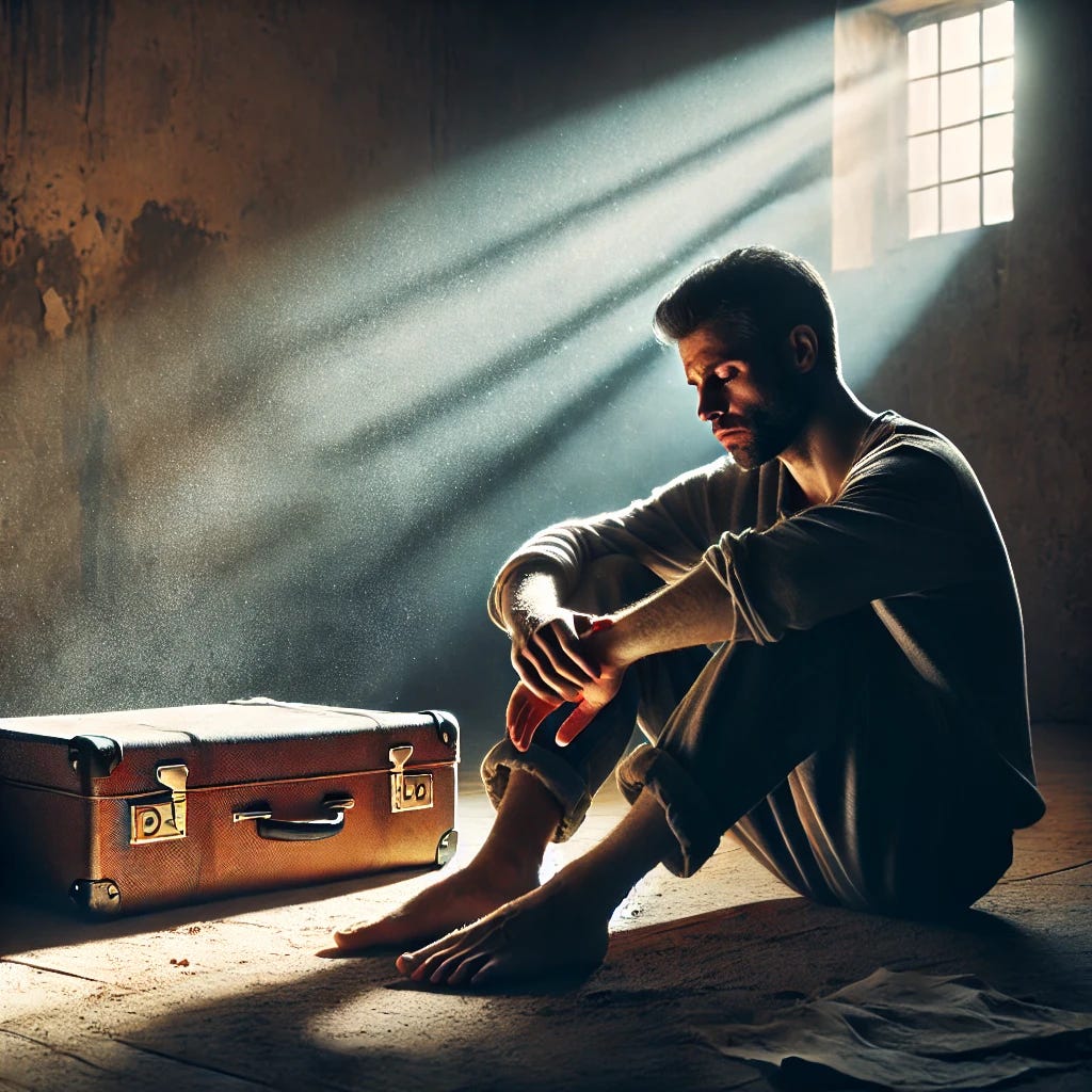 A dramatic and emotional scene of a man sitting on the floor of a sparse, dimly-lit room with a single suitcase next to him, symbolizing loss and displacement. The man looks weary and reflective, staring down at his hands as light filters through a small window, highlighting the dust particles in the air. The background hints at eviction with an empty space, barren walls, and scattered papers. The atmosphere is somber yet hopeful, with a soft glow suggesting a glimmer of resilience amidst hardship.