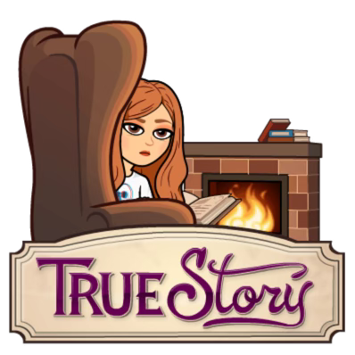 Bitmoji of the deadpan author peeking out from behind a big, cozy armchair next to the fireplace: True Story.