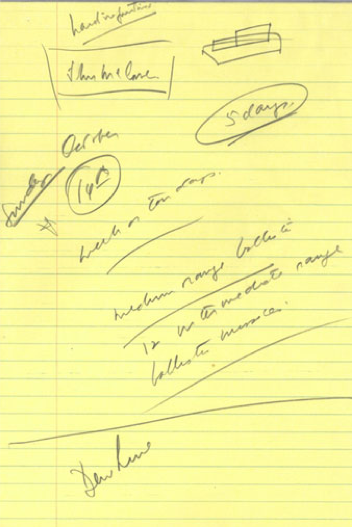 President Kennedy’s handwritten note from the Cuban Missile Crisis reads “hard information; John McCone; Sunday, October 14th; 5 days; week or ten days; medium range ballistic; 12 intermediate range ballistic missiles; draw line.”