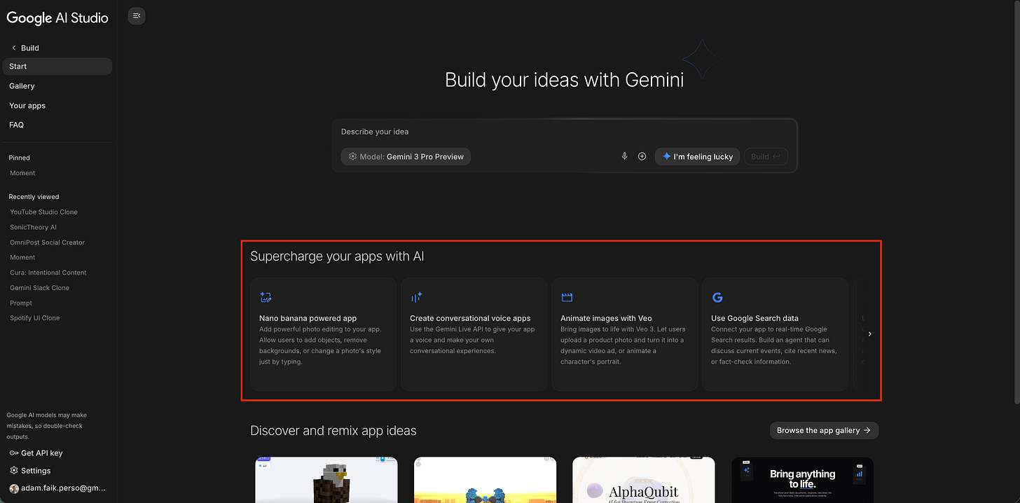 A screenshot of the Google AI Studio start screen showing a text input field for describing an idea, and a section below titled ‘Supercharge your apps with AI’ listing various pre-built capabilities.