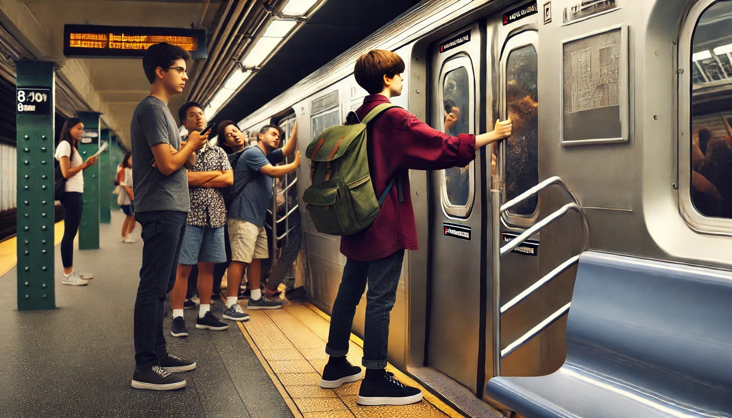 A teenager with a backpack standing inside a subway car, blocking the doors and preventing a crowd of people on the platform from entering. The subway car is empty, and the setting is a busy subway station. The teenager looks oblivious, possibly distracted by their phone, while the frustrated and impatient crowd is gathered on the platform, trying to get into the subway car. The background includes typical subway elements like the platform, signage, and other passengers.