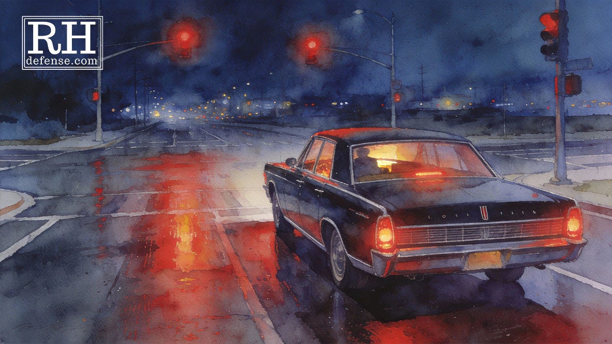 Watercolor-style image of a black 1960s Lincoln Town Car stopped at a red light at night, brake lights glowing on wet pavement, empty intersection ahead, city lights blurred in the distance.