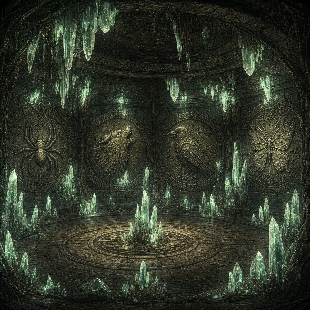 Cavern of Lights, circular stone chamber forty feet across, pale green crystals jutting from walls floor and ceiling like frozen lightning, some small like dagger hilts others towering six feet tall, soft living light pulsing, cool fragrant air, four stone engravings: spider curled in ritual, wolf mid‑howl with sorrowful eyes, raven with rune‑etched wings, butterfly delicate and radiant