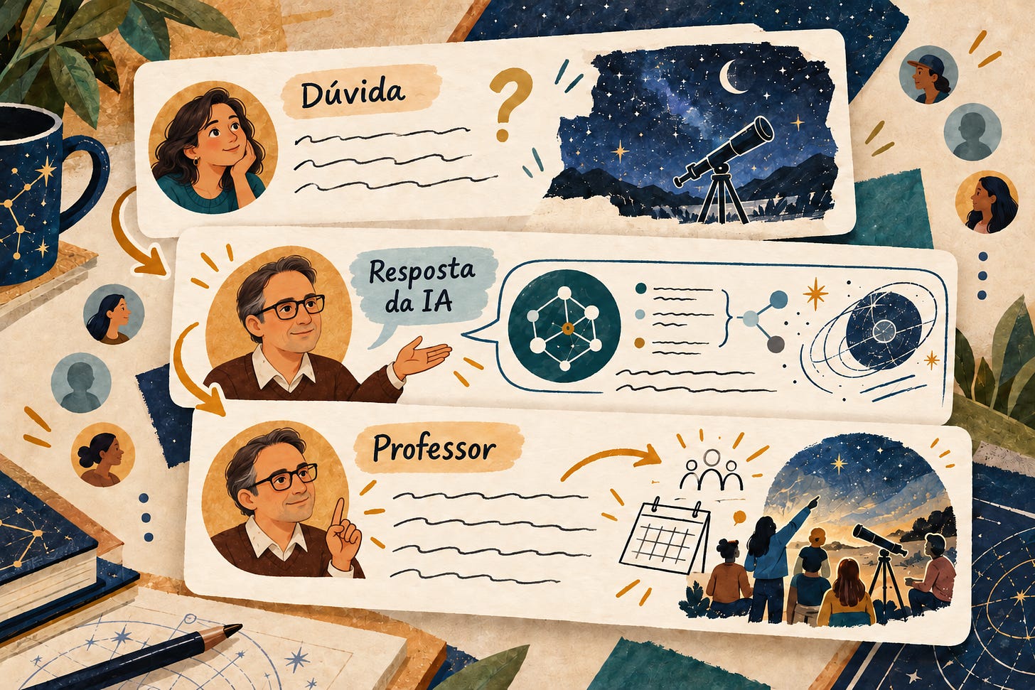 Ilustração em estilo colagem sobre astronomia, com três painéis em sequência. No primeiro, um estudante adulto apresenta uma dúvida sobre uma noite de observação. No segundo, o professor apresenta uma “Resposta da IA”, acompanhada por diagramas. No terceiro, o professor acrescenta a sua própria resposta, ligada à organização prática de uma sessão de observação astronómica com participantes e telescópios. Setas entre os painéis reforçam a sequência: dúvida do estudante → resposta da IA trazida pelo professor → resposta pessoal do professor. Ilustração em estilo colagem sobre astronomia, com três painéis em sequência. No primeiro, um estudante adulto apresenta uma dúvida sobre uma noite de observação. No segundo, o professor apresenta uma “Resposta da IA”, acompanhada por diagramas. No terceiro, o professor acrescenta a sua própria resposta, ligada à organização prática de uma sessão de observação astronómica com participantes e telescópios. Setas entre os painéis reforçam a sequência: dúvida do estudante → resposta da IA trazida pelo professor → resposta pessoal do professor.