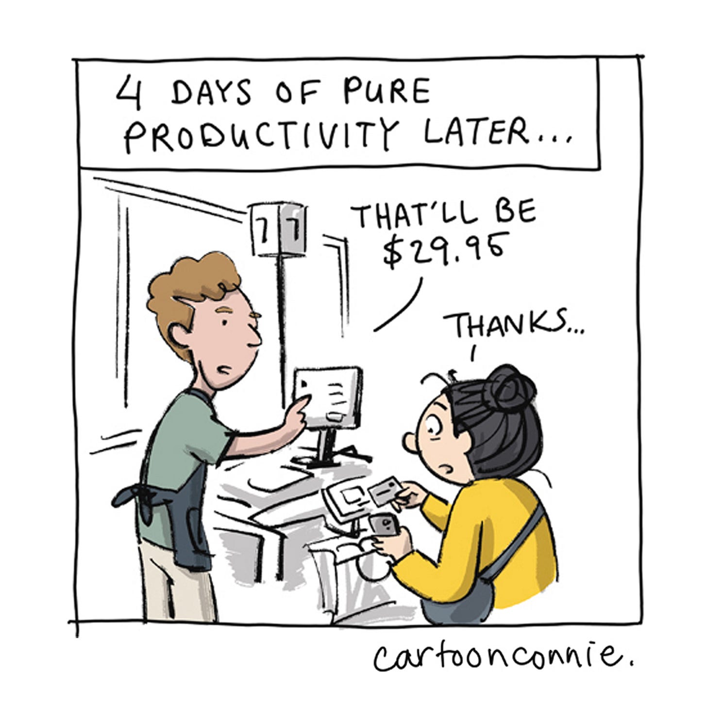Panel 5/6 of a humorous 6-panel comic strip about self-reliance, in which an introverted character tests out the tension between needing and not needing other people. Titled "Introvert Productivity," 2026. Original artwork by Connie Sun, cartoonconnie. Panel 5/6 of a humorous 6-panel comic strip about self-reliance, in which an introverted character tests out the tension between needing and not needing other people. Titled "Introvert Productivity," 2026. Original artwork by Connie Sun, cartoonconnie.