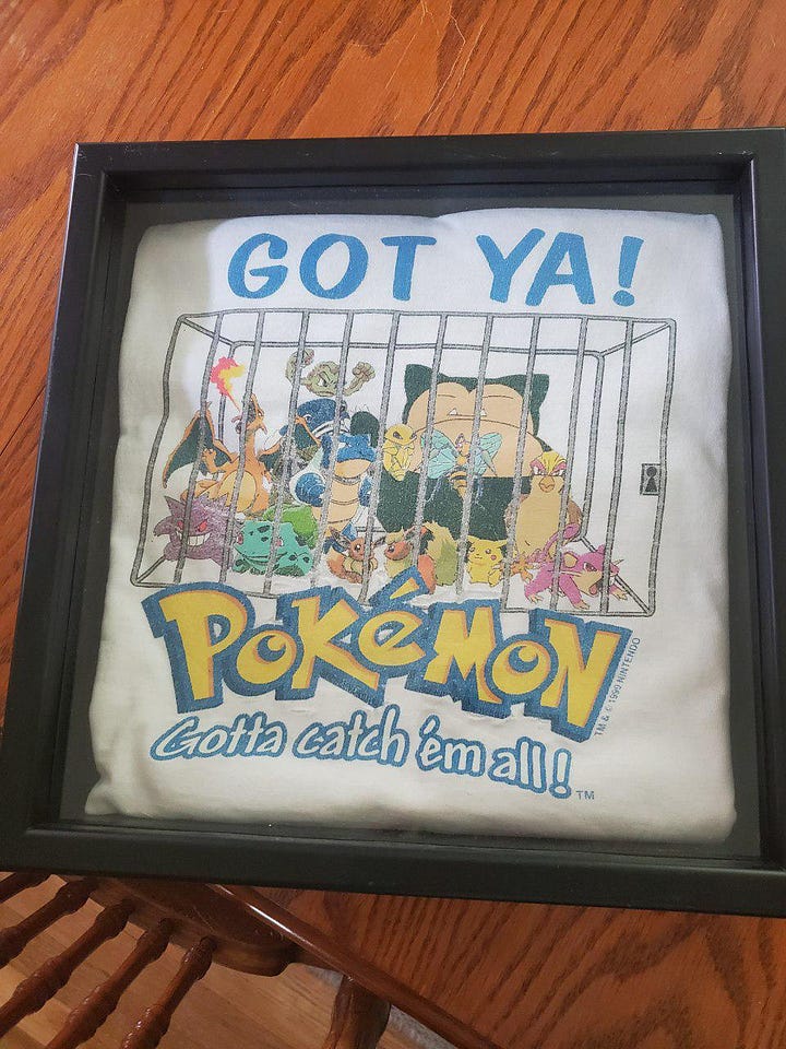 A selection of photographs from Shayne Roberts of his Pikachu Pencil Topper, and framed shirt
