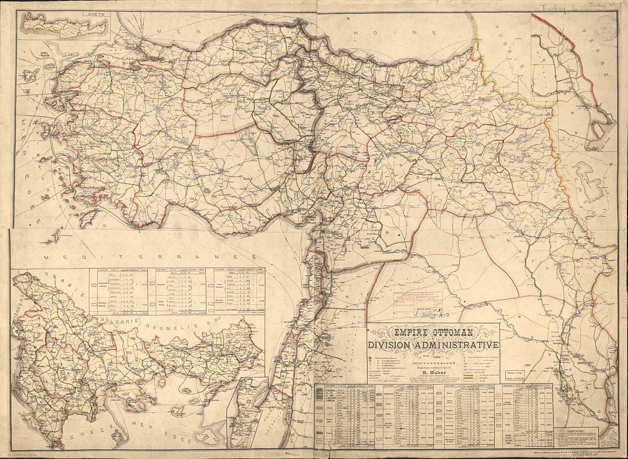 Historical administrative map of the Ottoman Empire showing divisions including Palestine and Damascus province