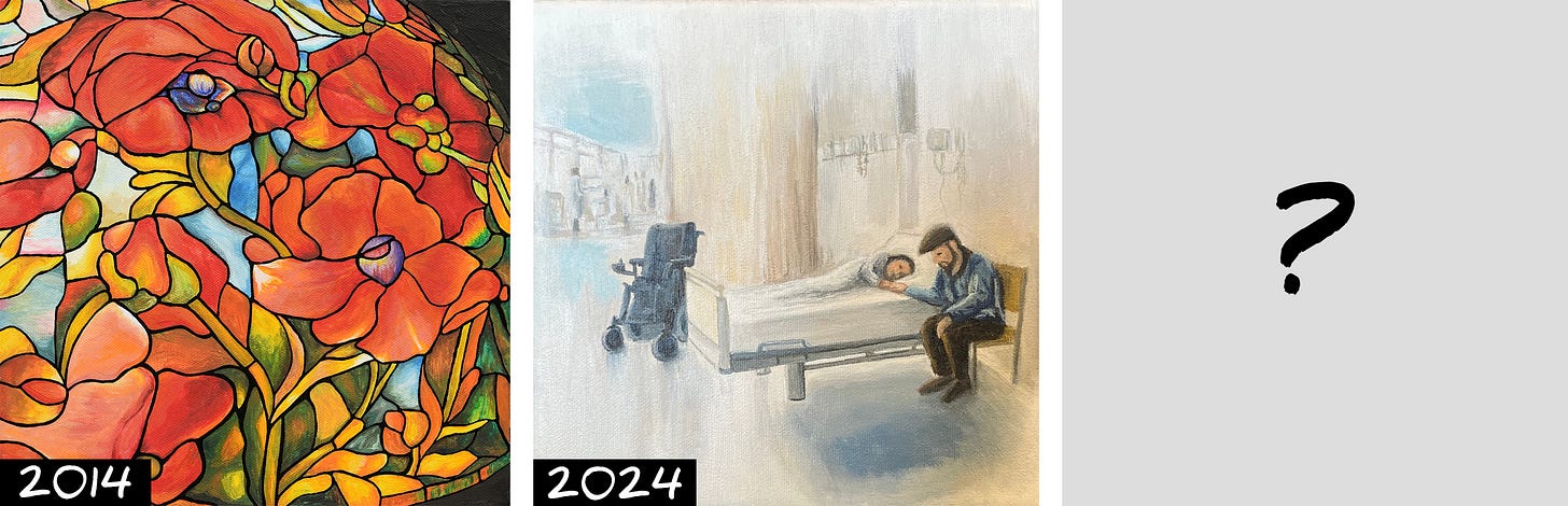 Progress of paintings by Athena Cooper beginning with 2014's Tiffany stained-glass style red poppy lamp, 2024's painting of Athena in a hospital bed with her husband by her side and a grey square with a question mark representing an unknown future for her artistic practice.