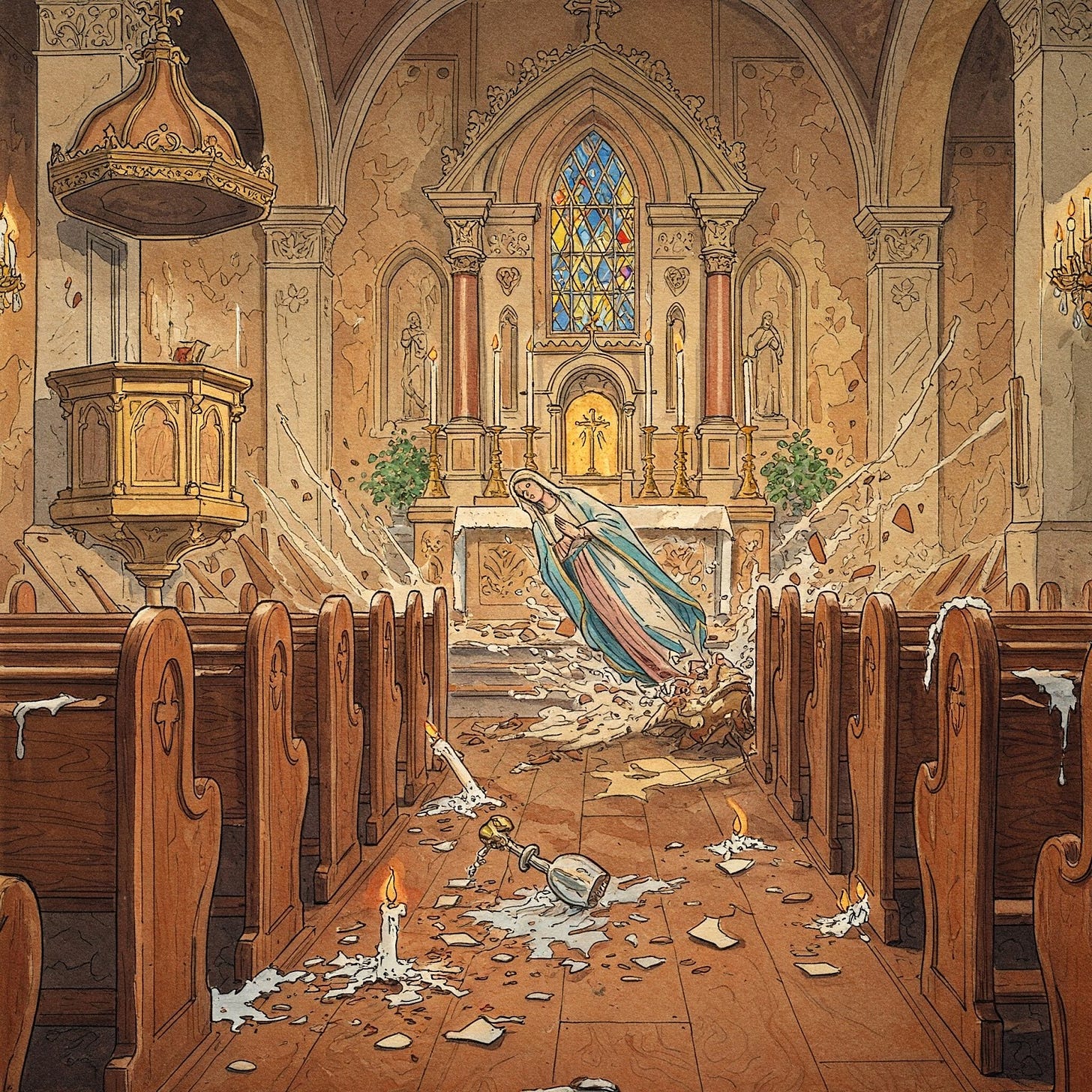 Inside a church during an earthquake with everything falling over.