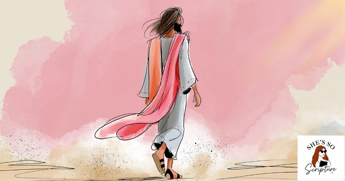 Watercolor illustration of a robed figure walking away down a dusty road, seen from behind, a pink scarf trailing in the wind. Watercolor illustration of a robed figure walking away down a dusty road, seen from behind, a pink scarf trailing in the wind.