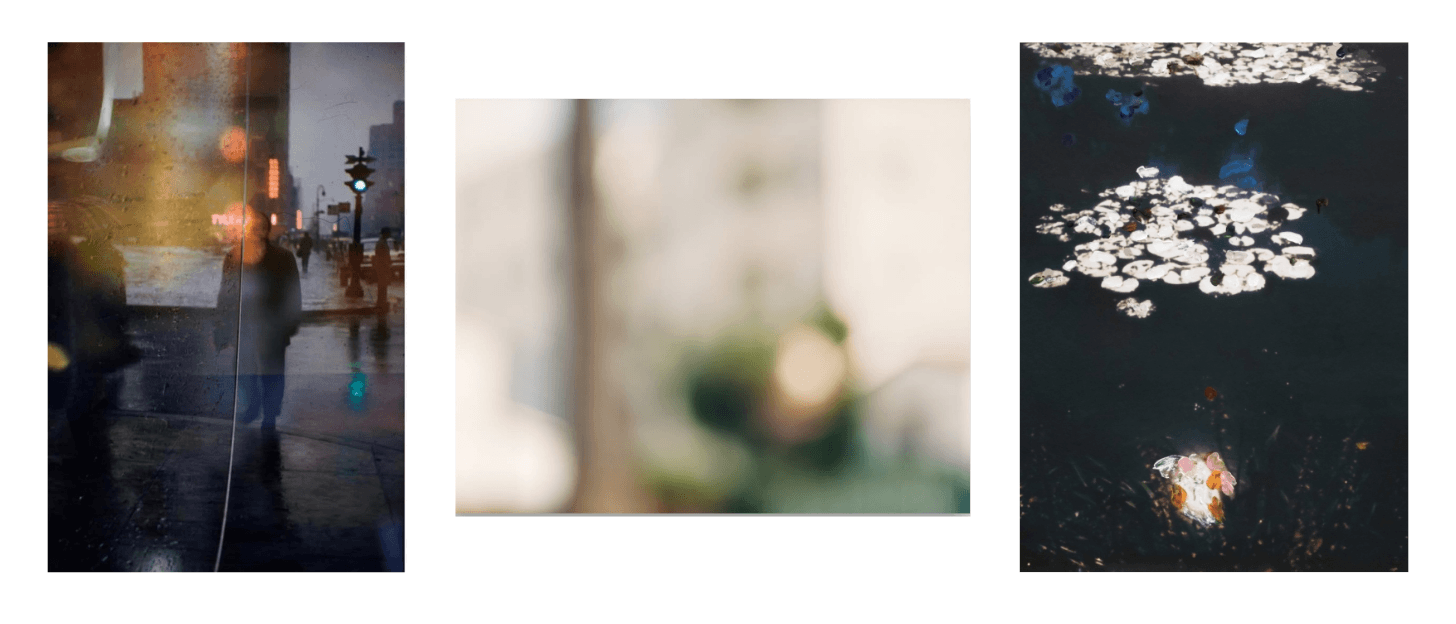 3 semi blurry photographs, one on the left by Saul Leiter on a rainy street at nightfall, on in the center by Uta Barth taken outdoors with daylight, one on the right by Francois Halard is an enlarged polaroid of Monet’s pond with painted elements added on top.