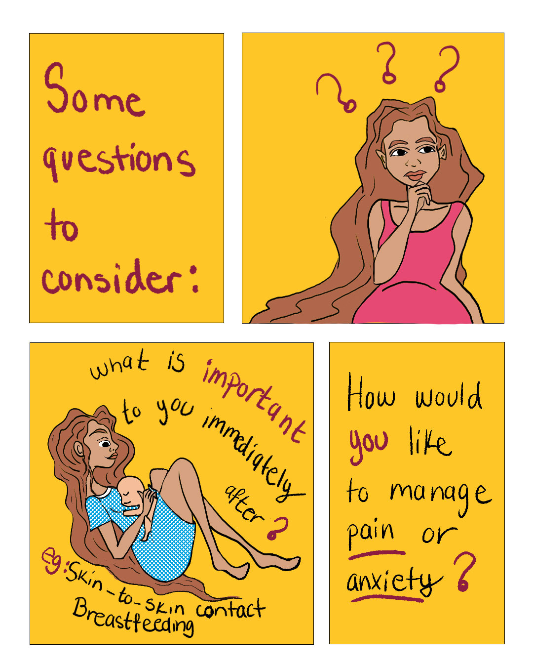 This image is divided into four panels with a yellow background and handwritten text. The first panel features the text: "Some questions to consider:" The second panel shows a Black woman with long brown hair wearing a pink shirt, holding a finger to her chin, with an quizzical expression and three question marks above her head. The third panel contains the text: "What is important to you immediately after?" Examples given include "eg: Skin-to-skin contact" or "Breastfeeding." This panel includes the same woman from the second panel lying down in a hospital gown with her baby on her chest. The fourth panel asks: "How would you like to manage pain or anxiety?" with the words "you" and "anxiety" underlined. This image provides prompts to help individuals think about their priorities and preferences during and after childbirth. This image is divided into four panels with a yellow background and handwritten text. The first panel features the text: "Some questions to consider:" The second panel shows a Black woman with long brown hair wearing a pink shirt, holding a finger to her chin, with an quizzical expression and three question marks above her head. The third panel contains the text: "What is important to you immediately after?" Examples given include "eg: Skin-to-skin contact" or "Breastfeeding." This panel includes the same woman from the second panel lying down in a hospital gown with her baby on her chest. The fourth panel asks: "How would you like to manage pain or anxiety?" with the words "you" and "anxiety" underlined. This image provides prompts to help individuals think about their priorities and preferences during and after childbirth.