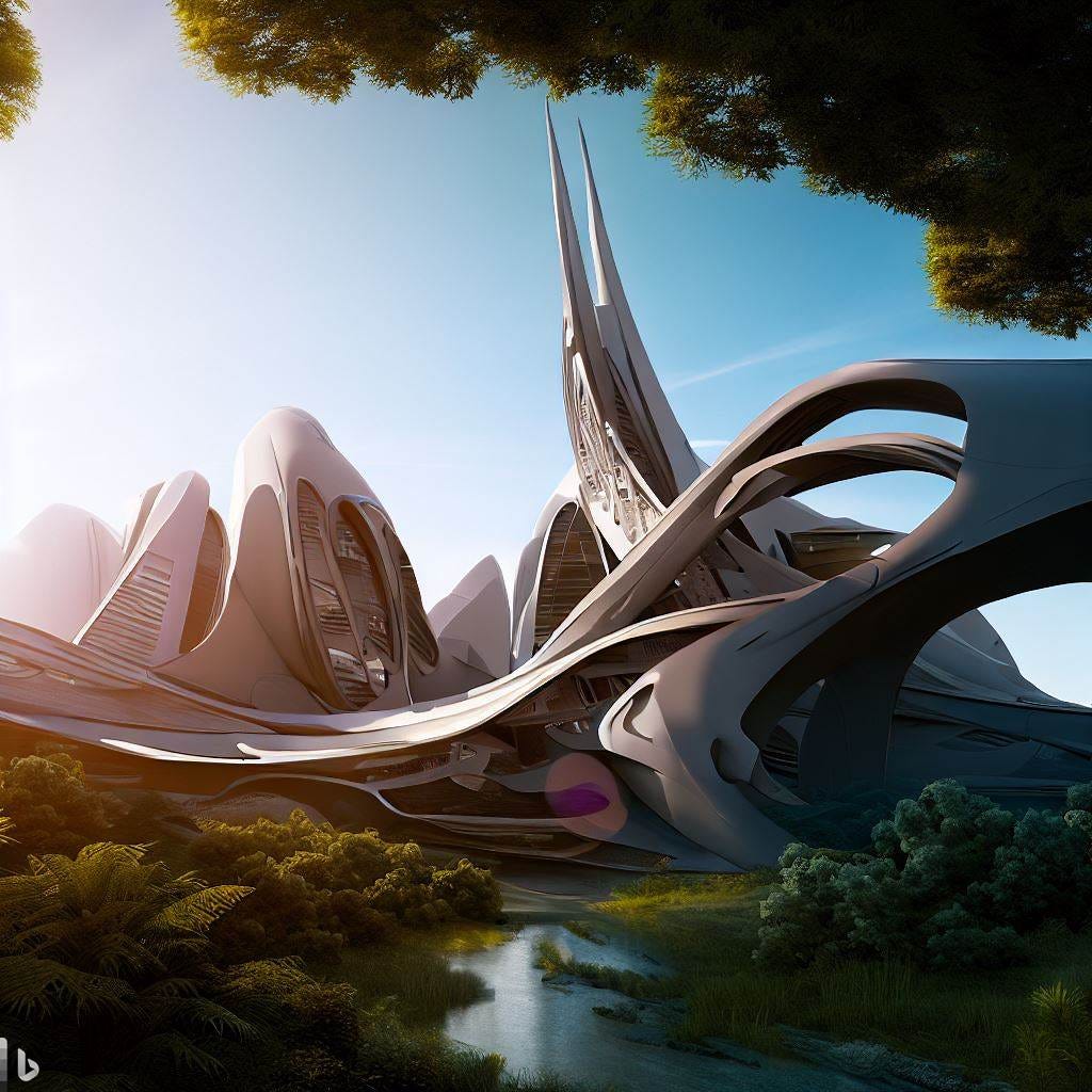 futuristic city surrounded by nature in the style of Zaha Hadid