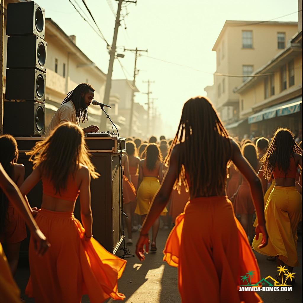 A lively street scene in Jamaica during a traditional sound system event.