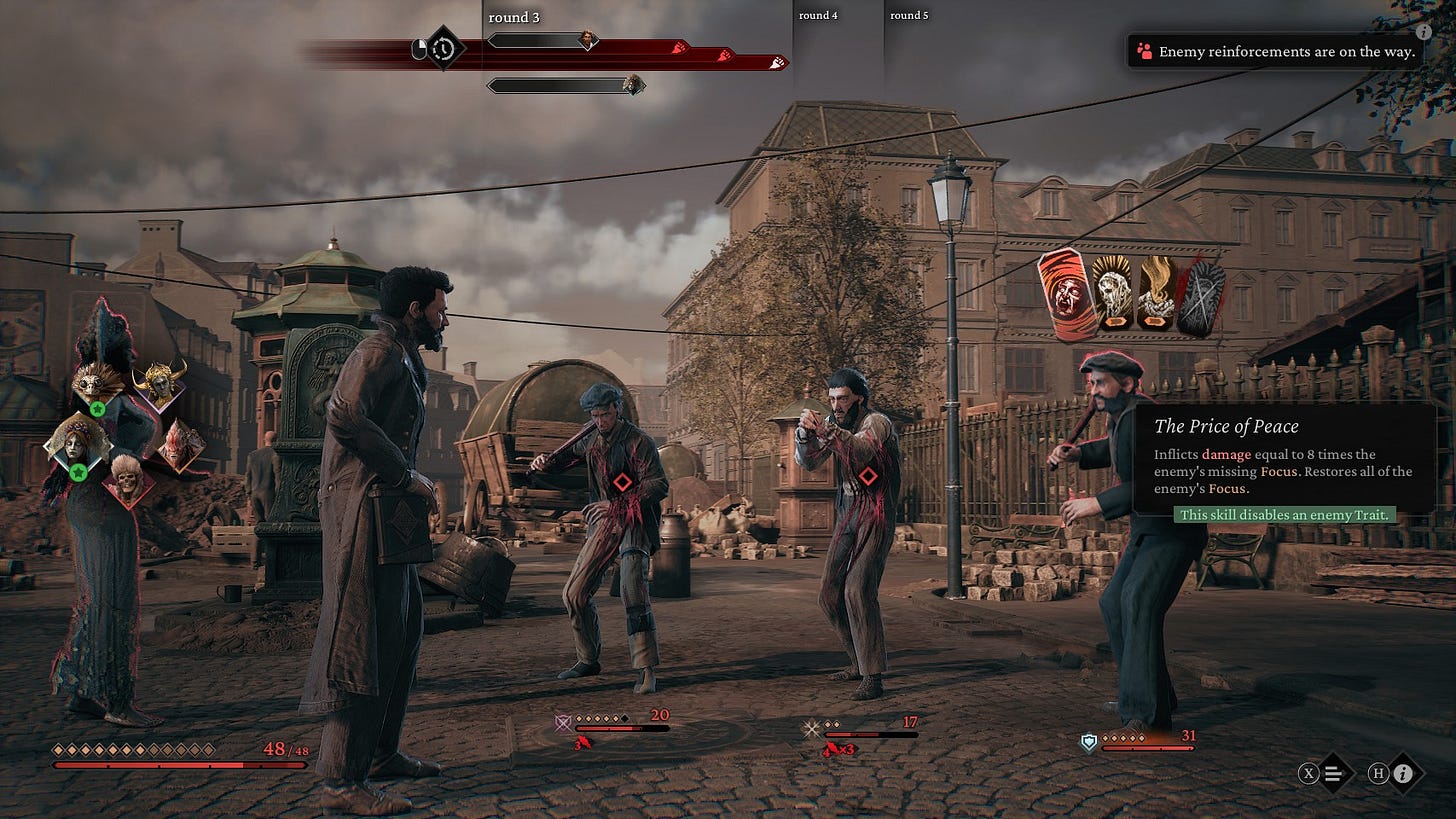 A screenshot of the game The Thaumaturge, showing the combat perspective against some Polish thugs.