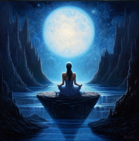 Witch meditating under the moonlight to cleanse energy