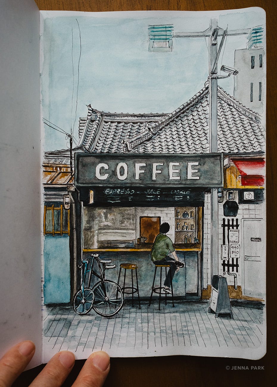 Urban sketch of a cafe in Kyoto Urban sketch of a cafe in Kyoto
