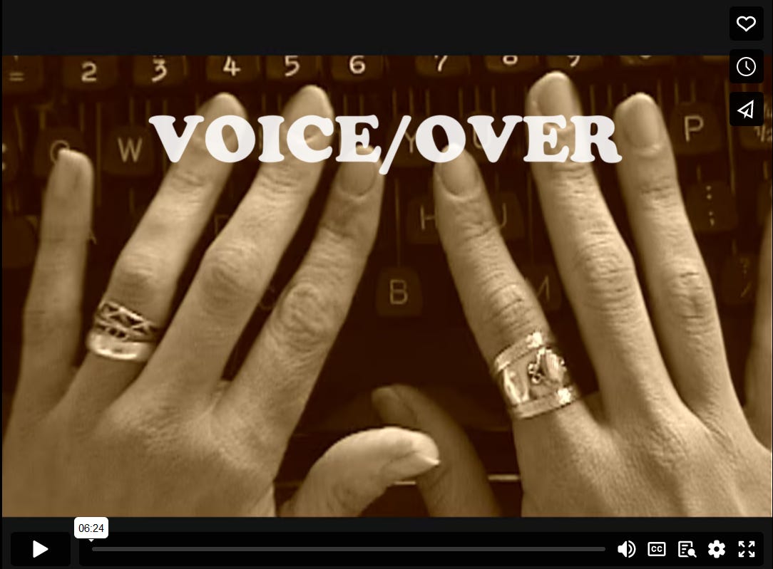 Two hands rest on a keyboard, with the text "voice/over" in all caps.