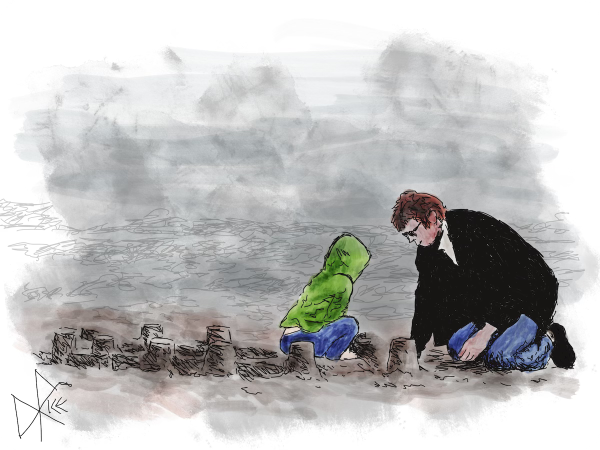 Father and child, jacketed for the somewhat cool weather, building a sand fort on the beach. Sketch art by Don Rice. Father and child, jacketed for the somewhat cool weather, building a sand fort on the beach. Sketch art by Don Rice.