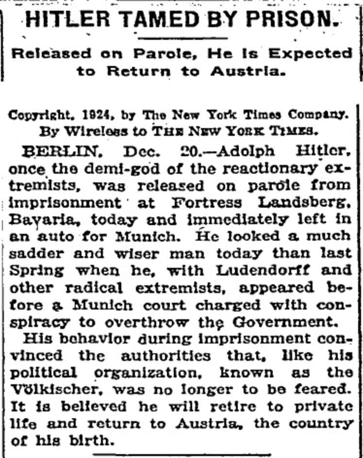 Opinion | New York Times in 1924: 'Hitler Tamed by Prison' - The Washington  Post
