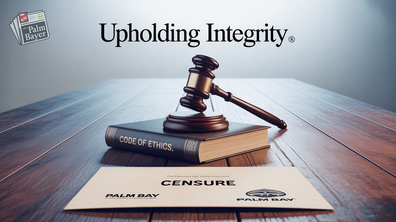 A polished wooden council table with a judge’s gavel resting atop an open book labeled “Code of Ethics.” In the foreground lies an official Palm Bay letterhead with the word “CENSURE,” and at the top of the image is the headline “Upholding Integrity.” The scene is lit with cool, diffused light, symbolizing legal accountability and ethical governance.