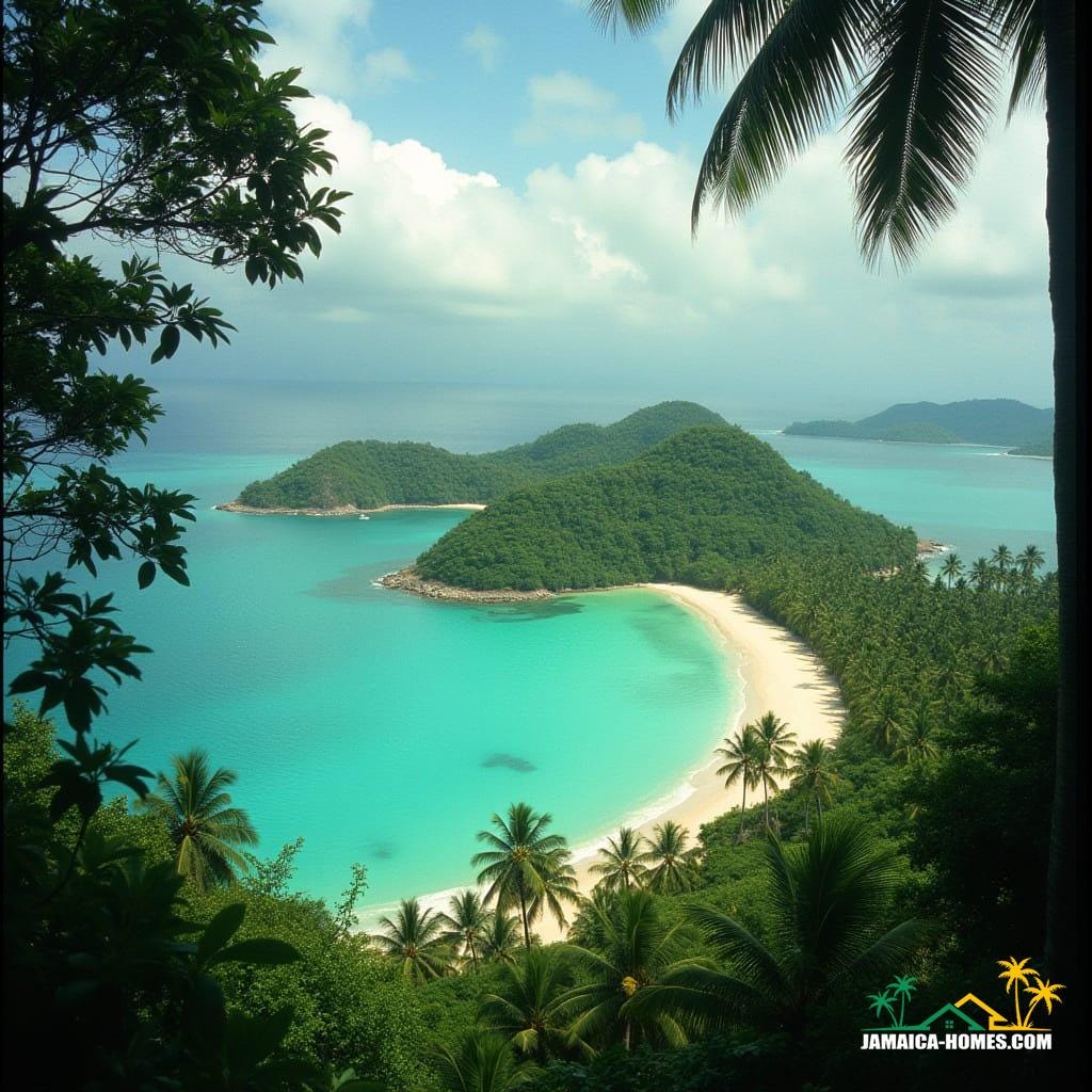 Tropical island of Jamaica, surrounded by turquoise ocean, lush green palms, and swaying trees, captured in a cinematic film still, shot on 35mm film with a V-Raptor XL, featuring warm film grain, subtle vignette, and vibrant color grading, with dramatic cinematic lighting, epic atmosphere, and stunning live-action details, reminiscent of the styles of Terrence Malick, Emmanuel Lubezki, and Roger Deakins.