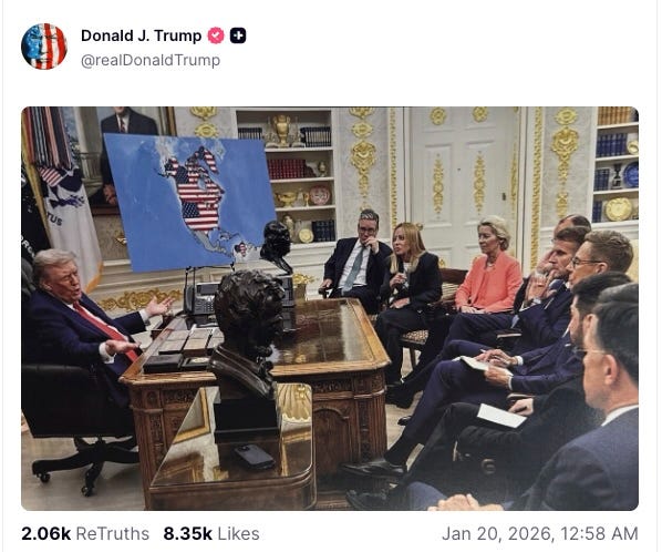 Trump in the oval office sitting next to a map with the US flag covering Canada, the US and Venezuela