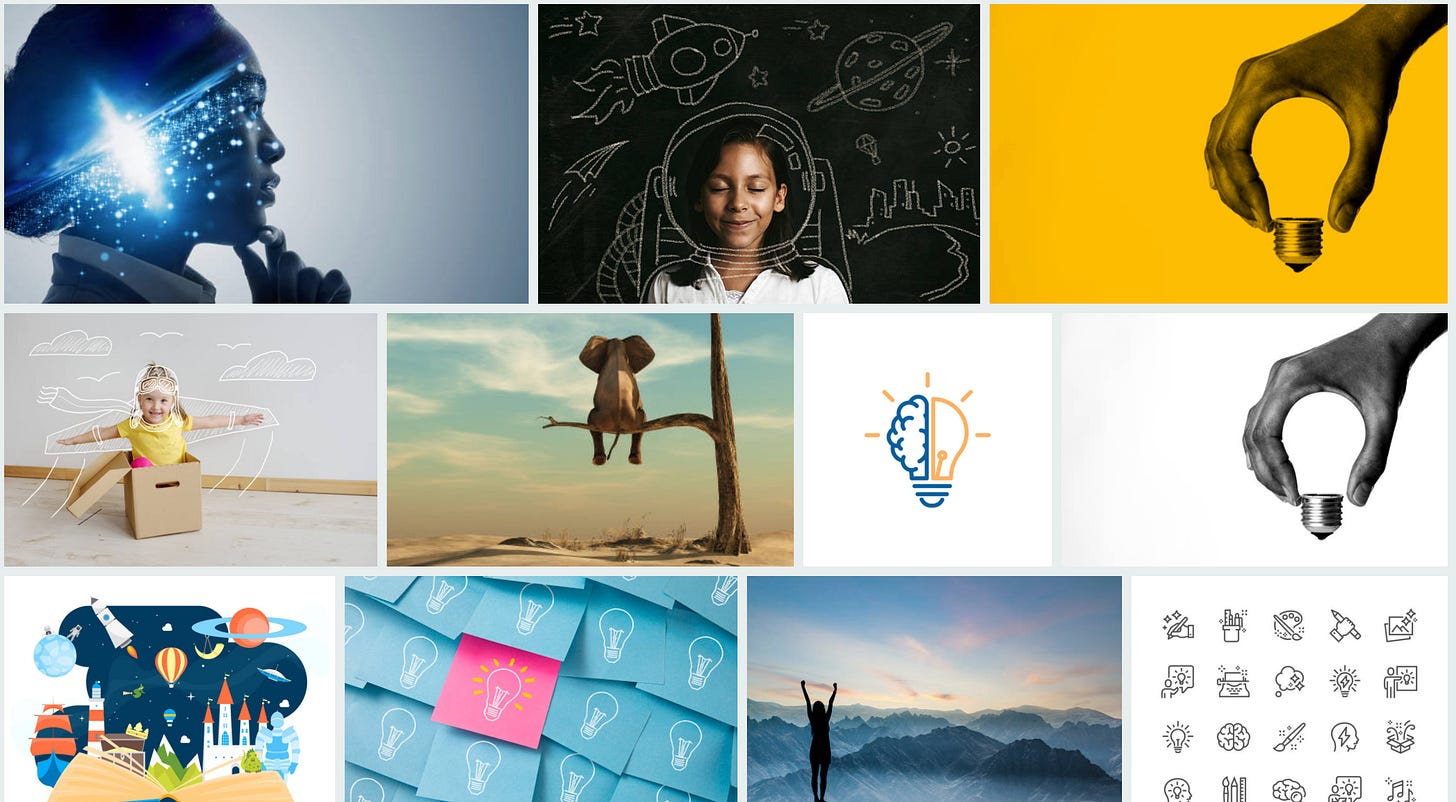 A grid of stock images returned from searching for the word 'imagination.' Lots of hand-drawn lightbulbs, kids, and inspirational motifs. 