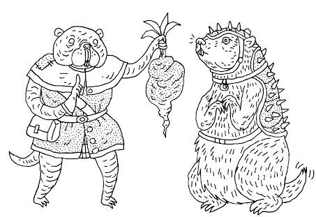 A molerat person trains a war badger with a turnip