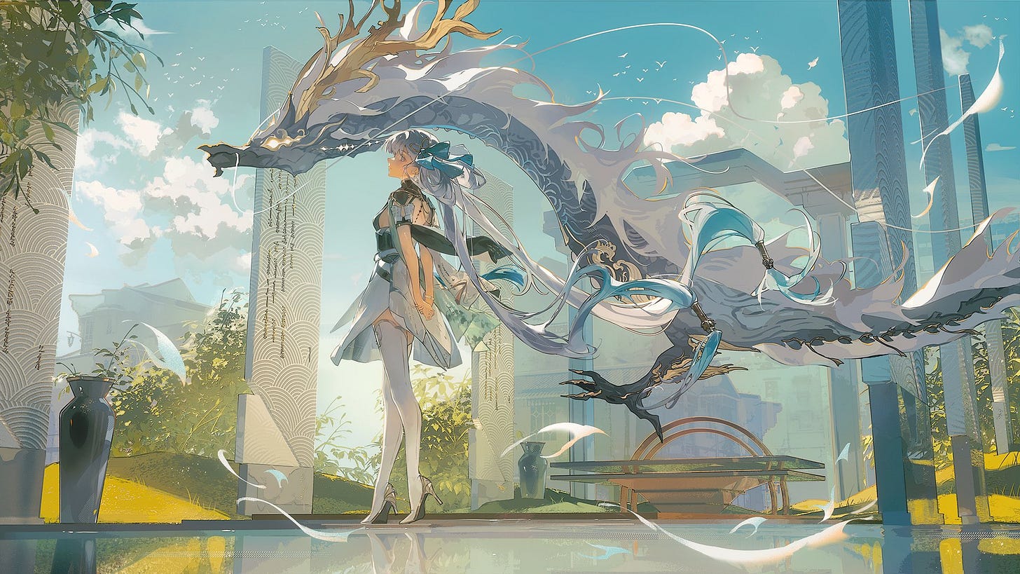 Anime 1920x1080 Wuthering Waves dragon anime girls Caaaaarrot Jinhsi (Wuthering Waves) looking away clouds arm(s) behind back sky white thigh highs heels hair bows thigh-highs women outdoors vases