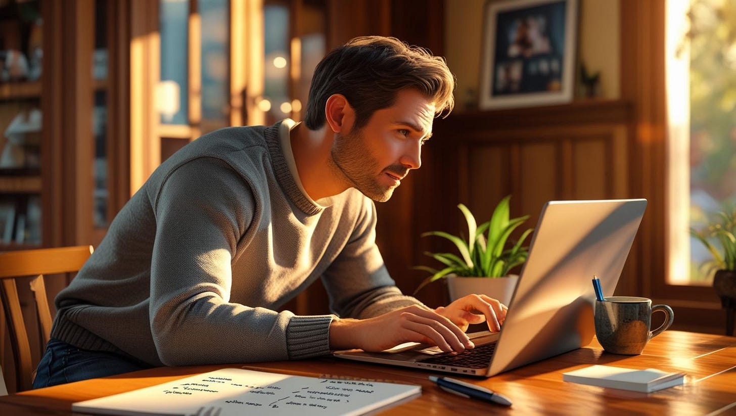 A man working on a laptop at a wooden table, with a plant and a coffee mug nearby. 