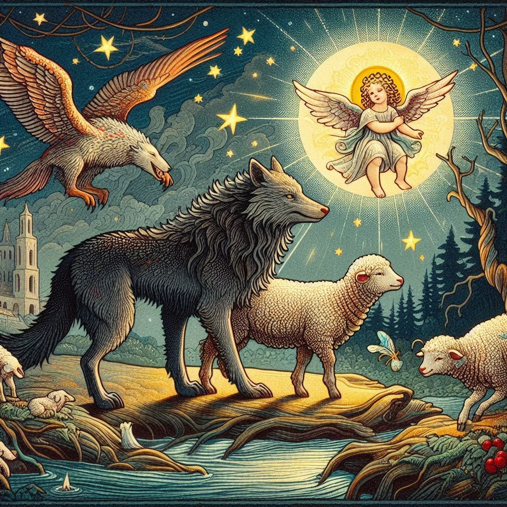 An illustration summarizing the fable of the wolf and the lamb